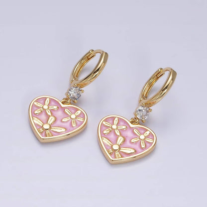 Enamel Triple Flower Cubic Zirconia Heart Earrings