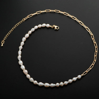 18k Gold Filled Freshwater Pearl Half Chain and Paper Clip Necklace