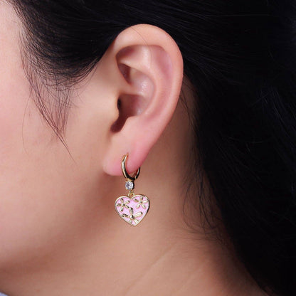 Enamel Triple Flower Cubic Zirconia Heart Earrings