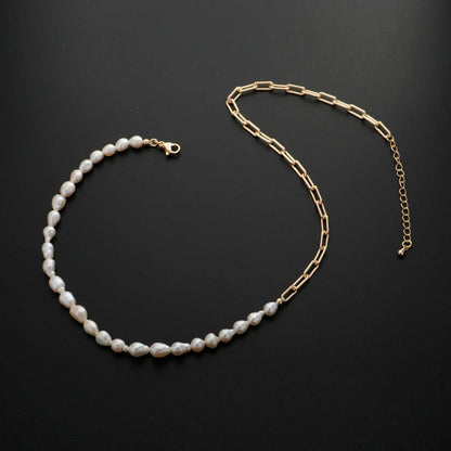 18k Gold Filled Freshwater Pearl Half Chain and Paper Clip Necklace