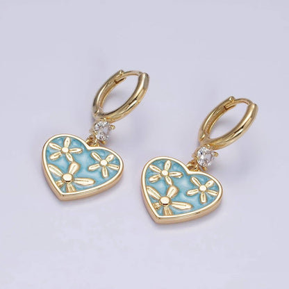 Enamel Triple Flower Cubic Zirconia Heart Earrings