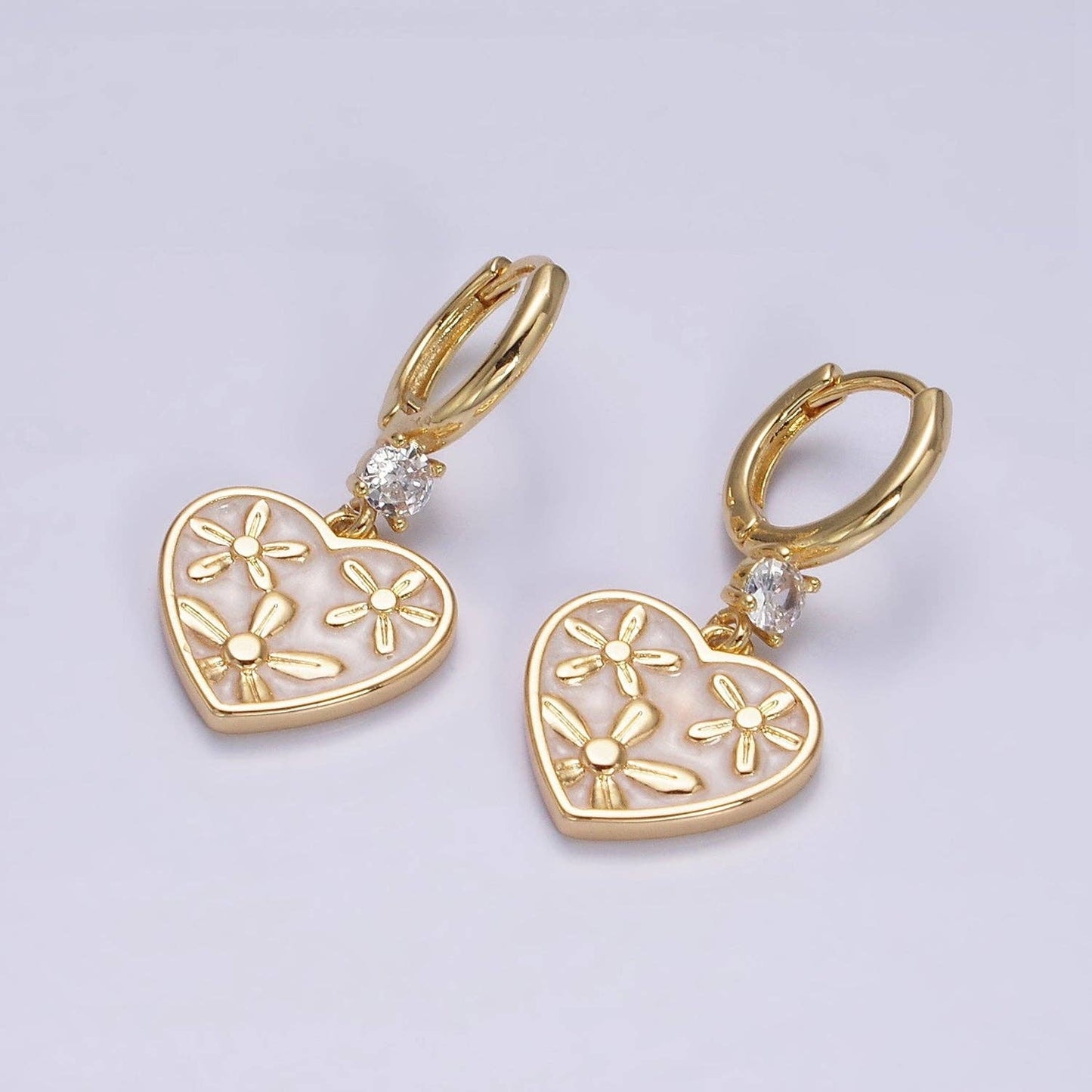 Enamel Triple Flower Cubic Zirconia Heart Earrings